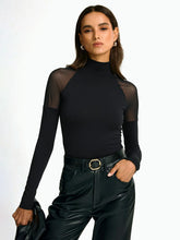 Sheer Mesh Shoulder Turtleneck Long Sleeve Top